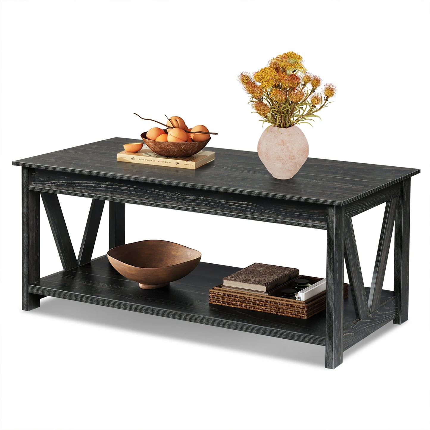 GALAXHERO Farmhouse Coffee Table With Storage Shelves And V Shape
