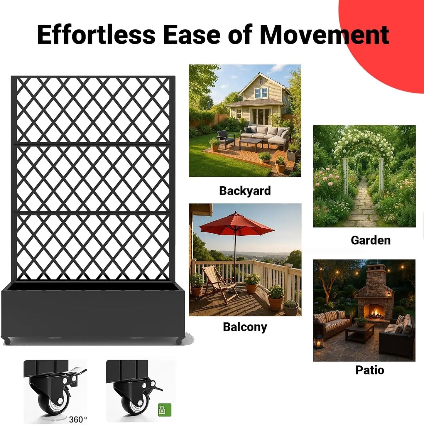 Metal Raised Garden Bed, 72" H x 47" W Privacy Planter Box with Trellis and Wheels, Hook, Freestanding Privacy Planter Box for C