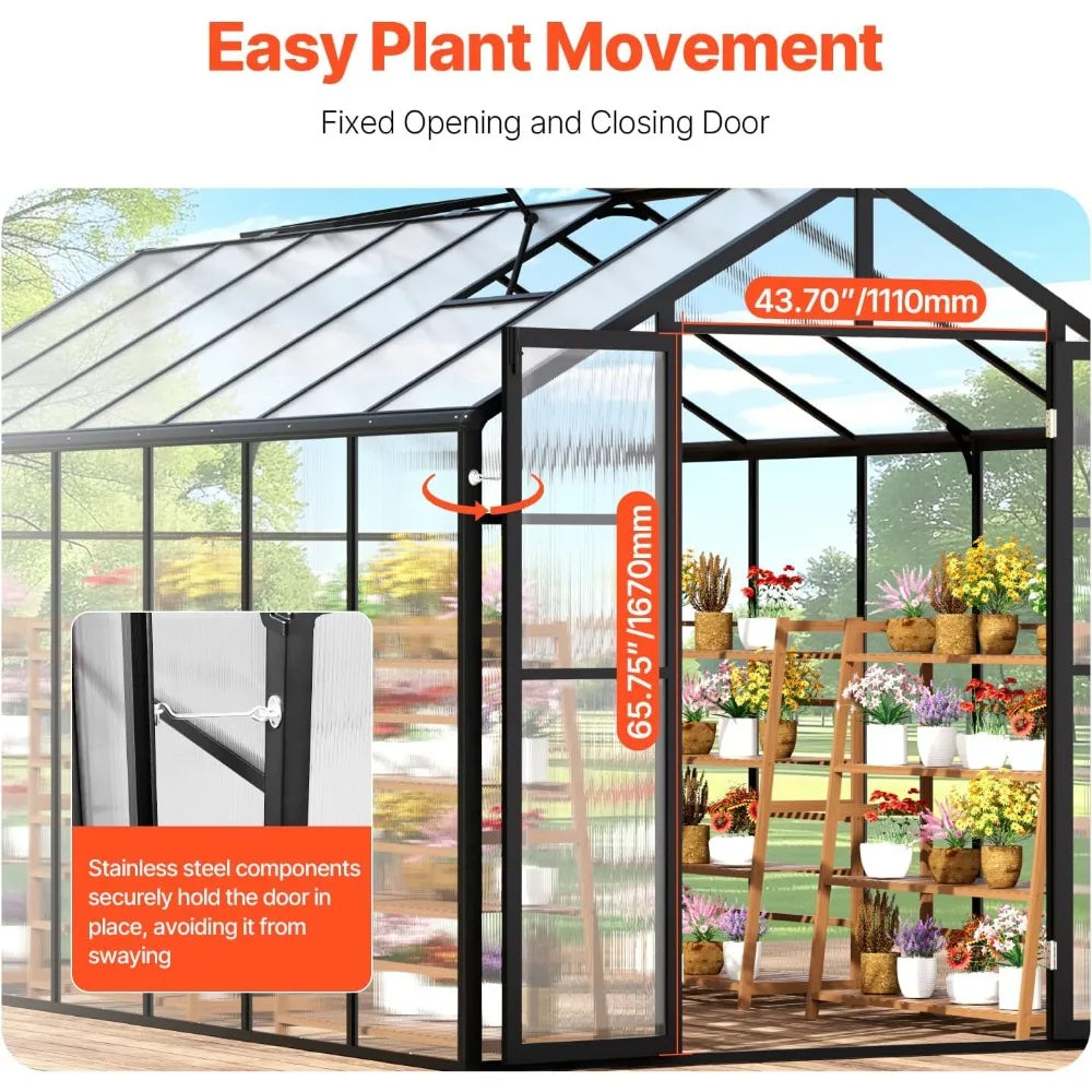 polycarbonate greenhouse, 8 x 14 ft, outdoor greenhouse with 2 vent windows, pavilion styled greenhouse with hinged door, alumi