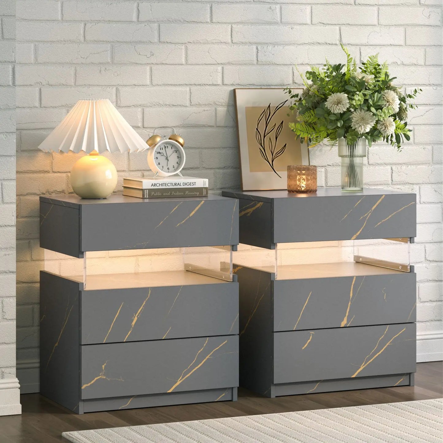 Cubehom LED Bedside Tables Set With 3 Drawers Two Nightstands