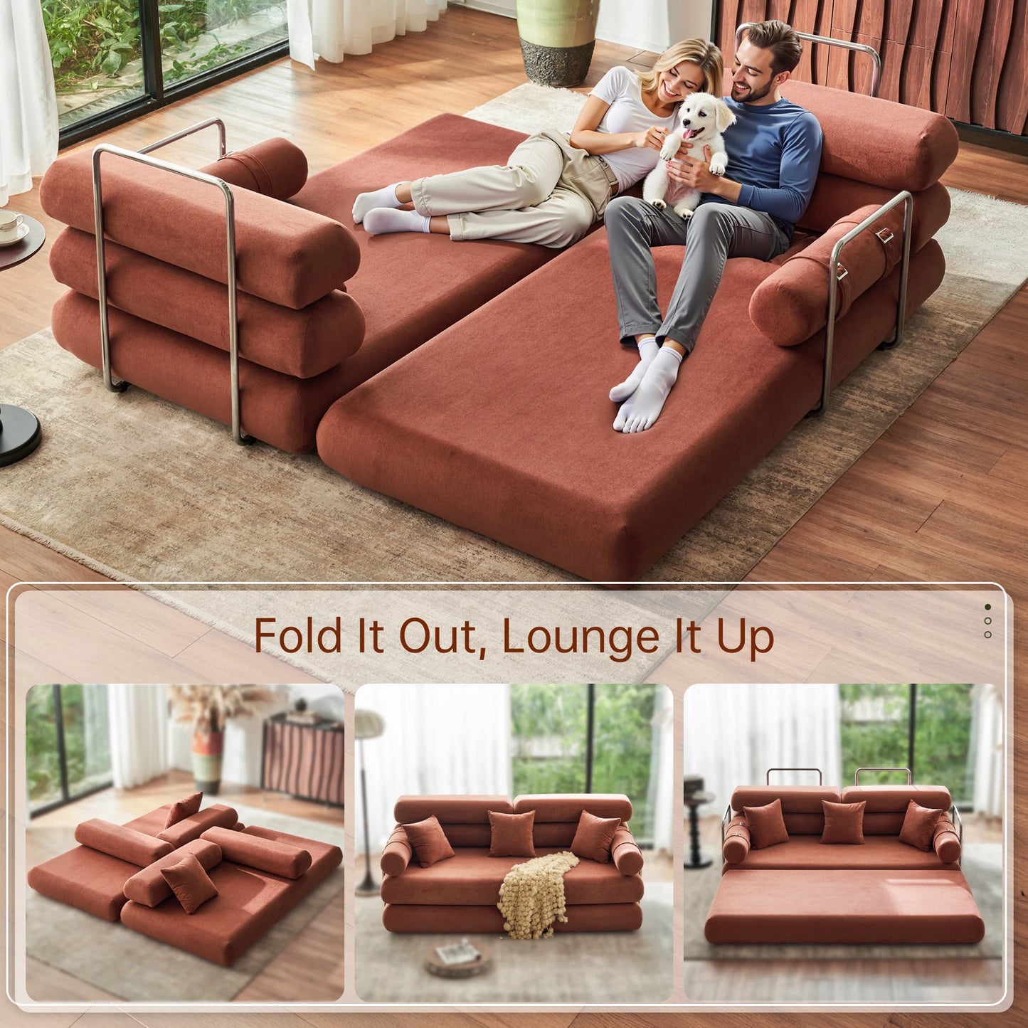 Convertible Sleeper Sofa Floor Folding Bed With Rounded Arm Supports