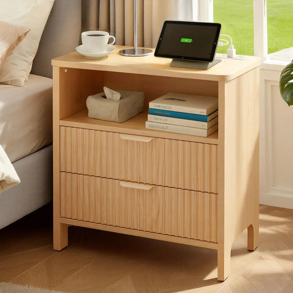 Chengwei Fluted Nightstand Set With Charging Station And 2 Drawers