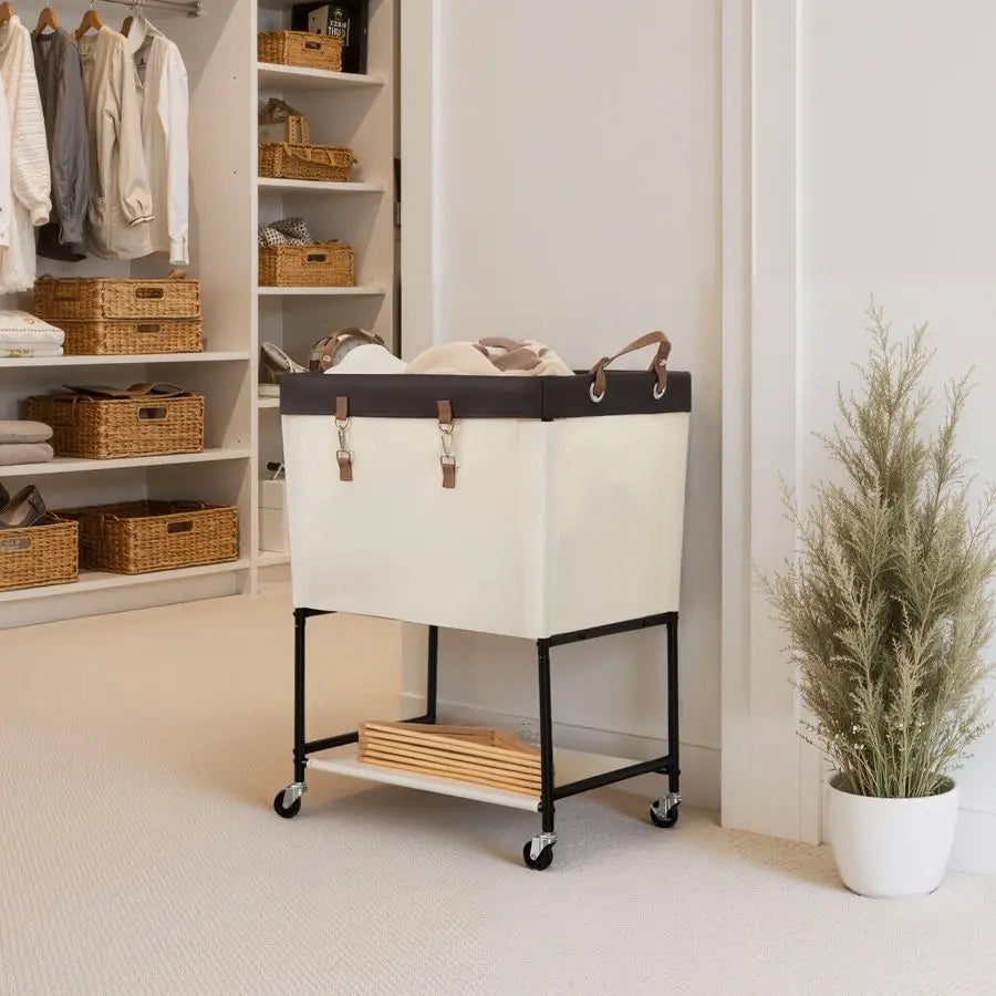 Laundry Cart, 2 Tier Rolling Laundry Basket, Heavy Duty Laundry Basket with Lockable Wheels, Laundry Room Organization and Stora