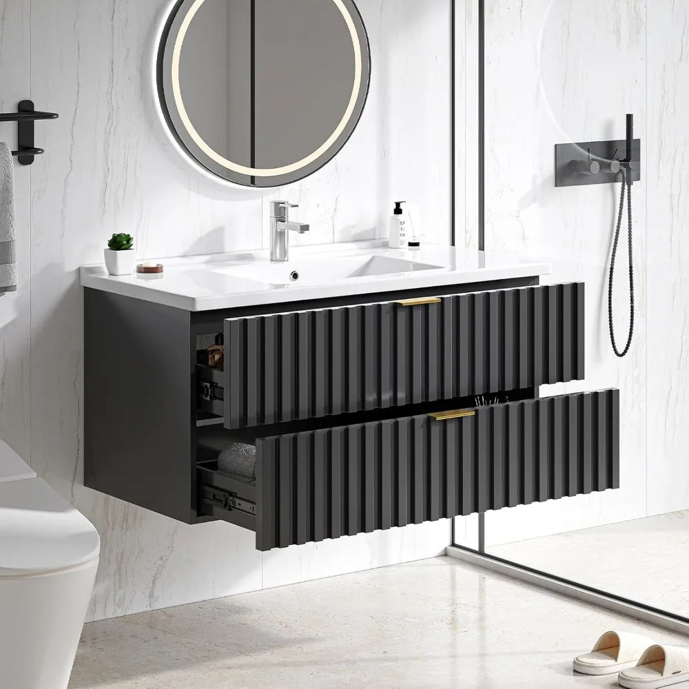Floating Bathroom Vanity With Sink And Dual Fluted Drawers