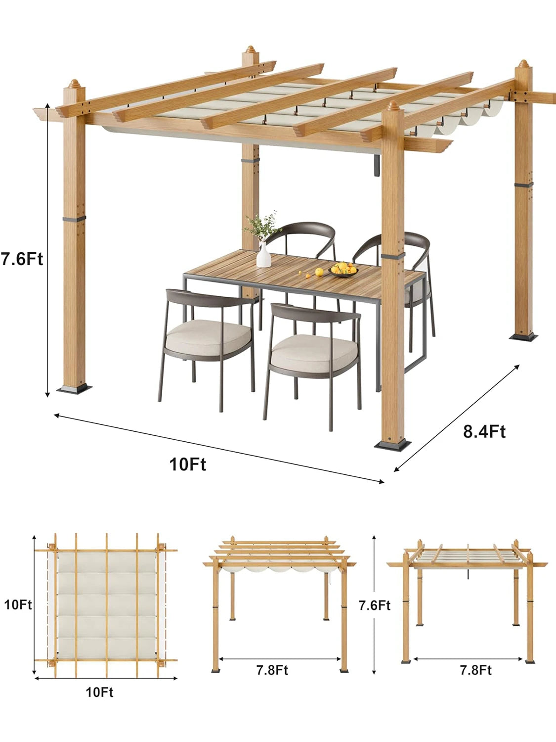 10X10FT 10X13FT Outdoor Pergola With Retractable Canopy, Faux Wood Grain Metal Patio Gazebo, Modern Yard Pergola Shelter