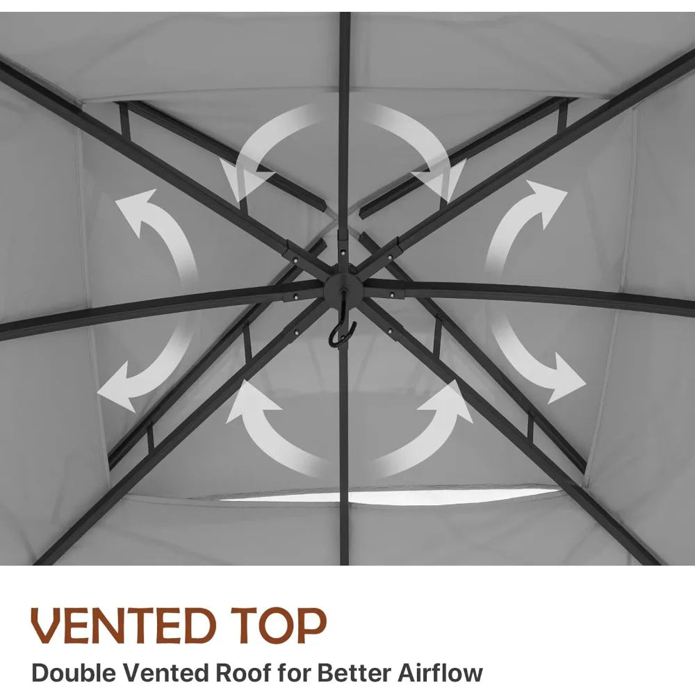 10x12 Outdoor Patio Gazebo with Netting, for Backyard, Lawn, Deck and Garden, Two-Tier Soft Top Canopy