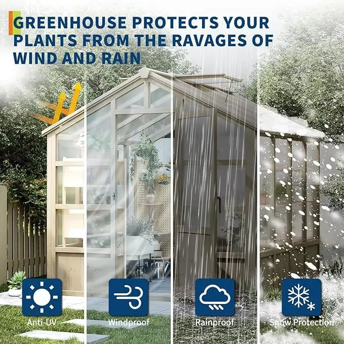 Outdoor Greenhouse,Heavy Duty Wooden Greenhouse with Polycarbonate Panels & Lockable Door - Sturdy Wood Frame Garden Green House