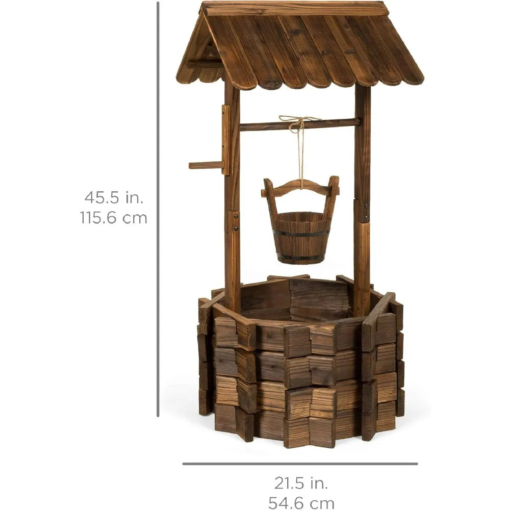 Rustic Wooden Wishing Well Planter Outdoor Home Décor for Patio, Garden, Yard w/Hanging Bucket