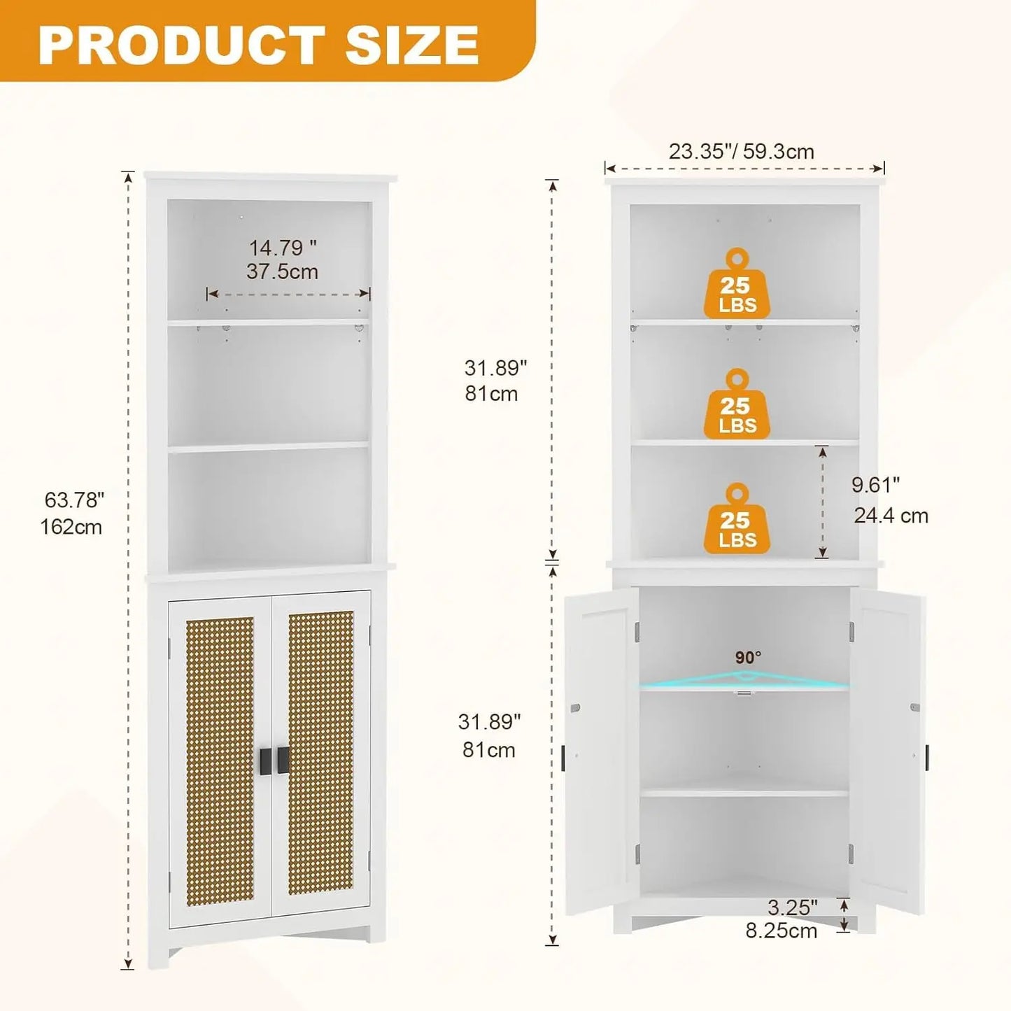 HiMISS Rattan Freestanding Corner Cabinet With 2 Doors Adjustable Shelves