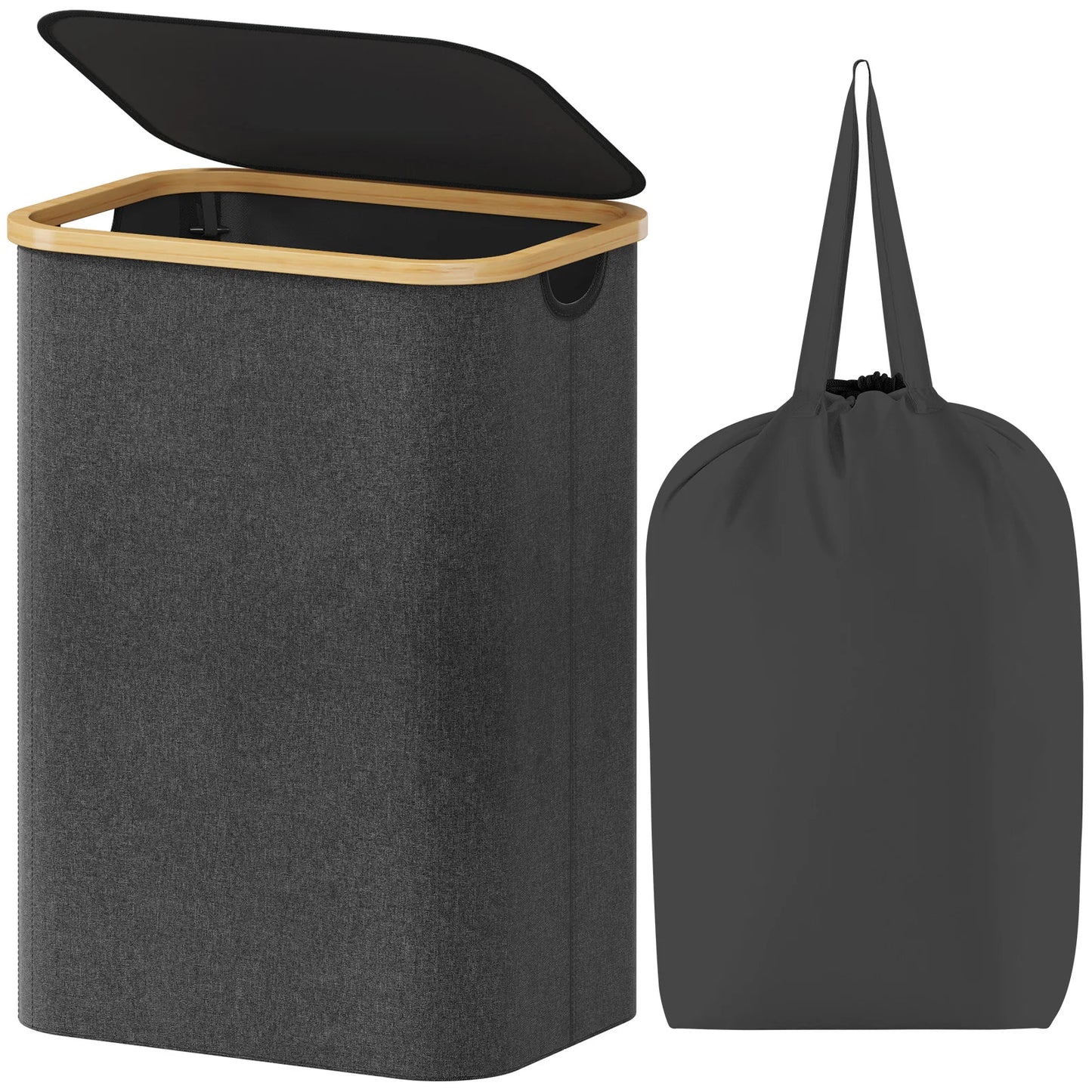 Laundry Basket with Lid, Clothes Hampers for Laundry with Bamboo Handles and A Removable Laundry Bag