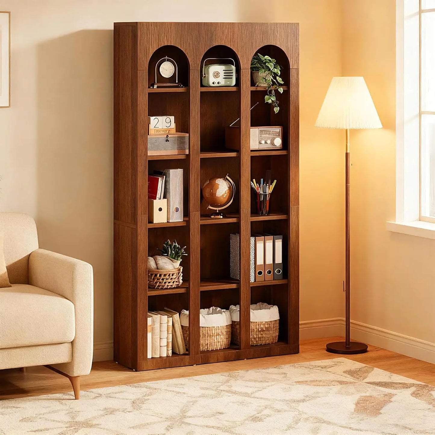 5-Tier Farmhouse Arched Bookshelf With Open Shelves