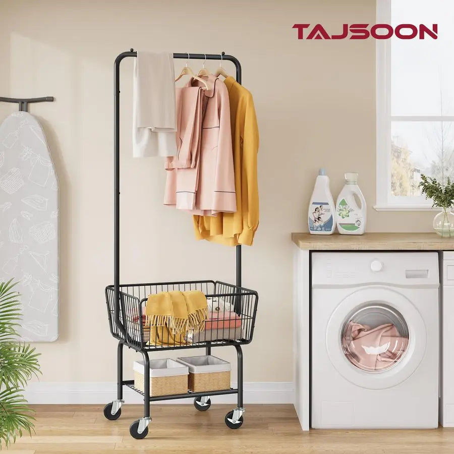 Laundry Cart with Hanging Rack, Metal Laundry Basket with Wheels, Laundry Hamper with Storage Basket and Shelf, Rolling Laundry