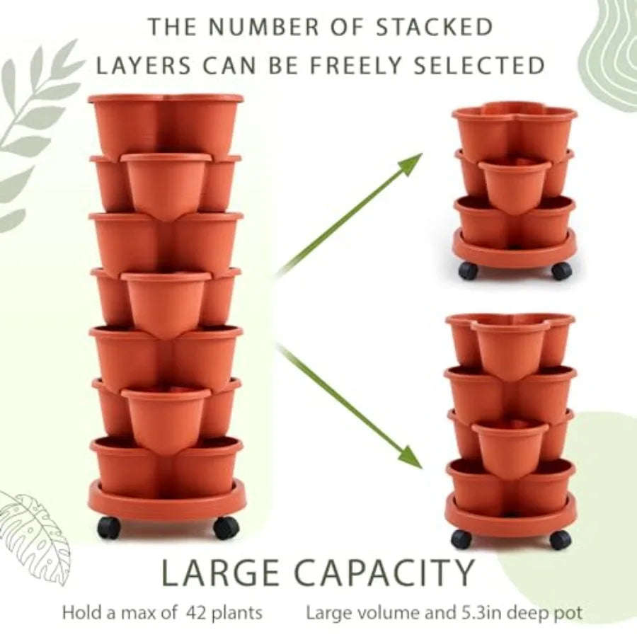 2 Set of 7 Tier Stackable Vertical Planters with Removable Wheels and Tools Tower for Indoor Outdoor Gardening Clay Red Pots fo