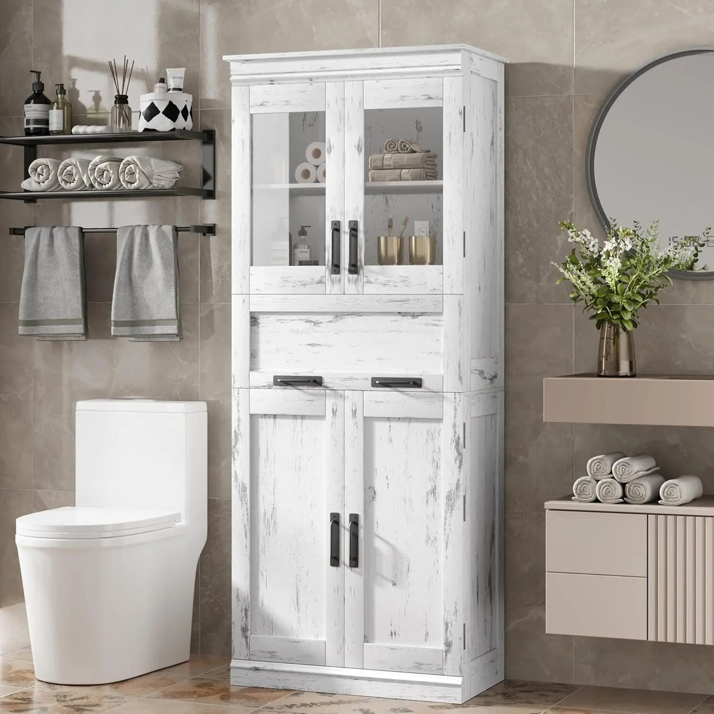 Freestanding Bathroom Cabinet With Glass Doors And Drawers