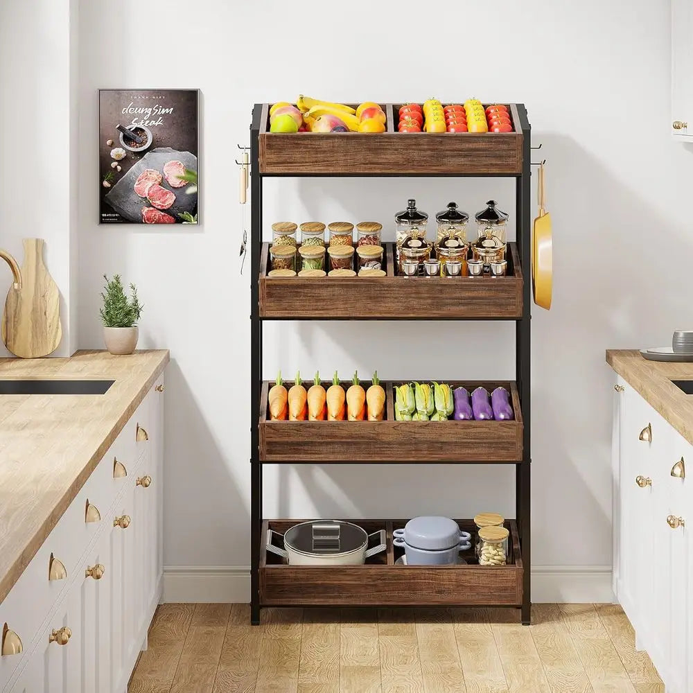 DAFIFY Wood 4 Tier Fruit And Vegetable Basket Stand Rack