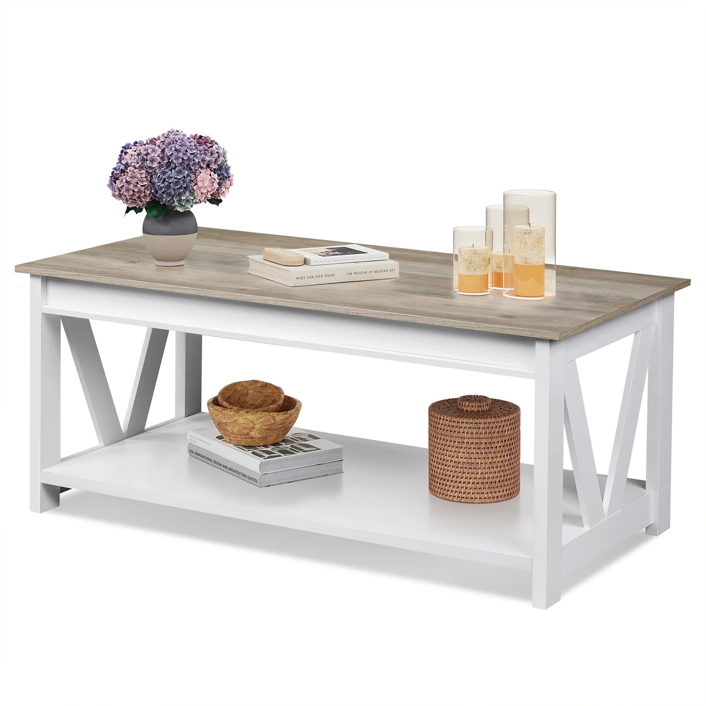 GALAXHERO Farmhouse Coffee Table With Storage Shelves And V Shape
