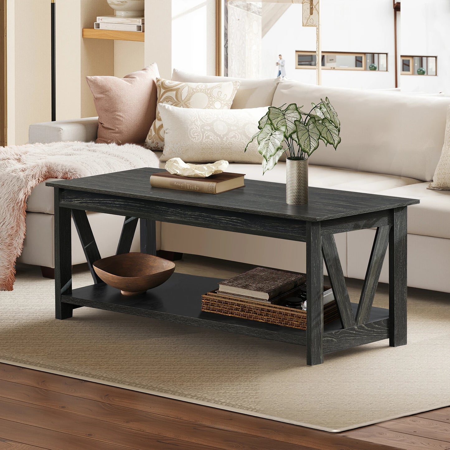 GALAXHERO Farmhouse Coffee Table With Storage Shelves And V Shape