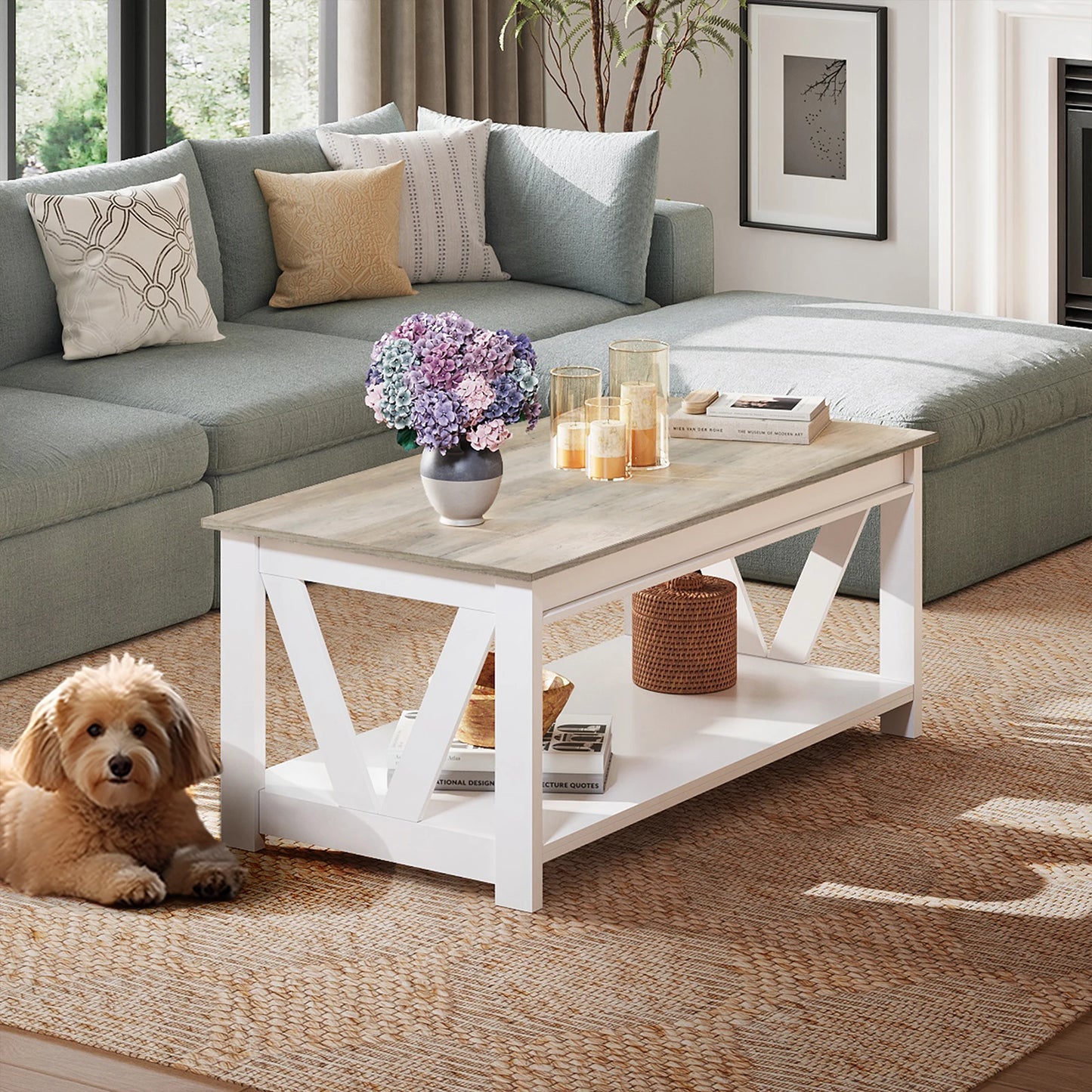 GALAXHERO Farmhouse Coffee Table With Storage Shelves And V Shape