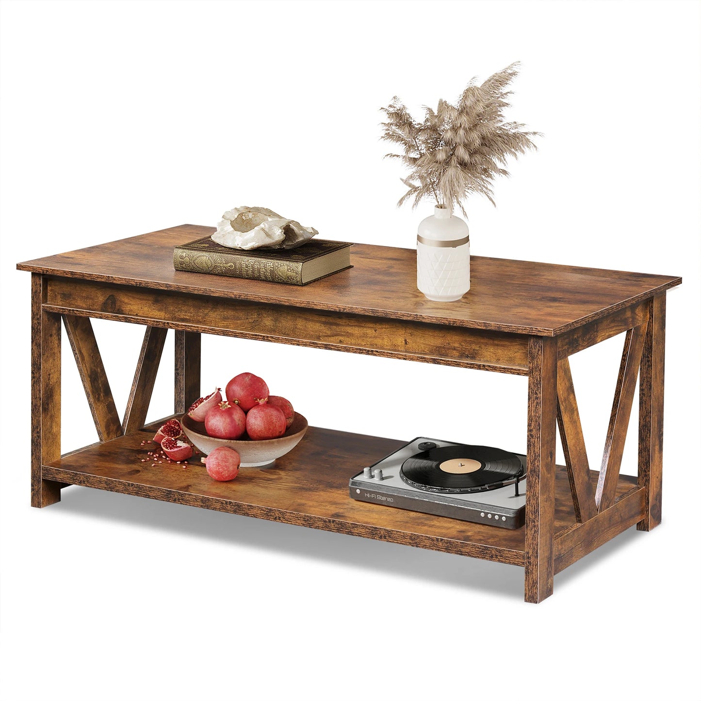 GALAXHERO Farmhouse Coffee Table With Storage Shelves And V Shape