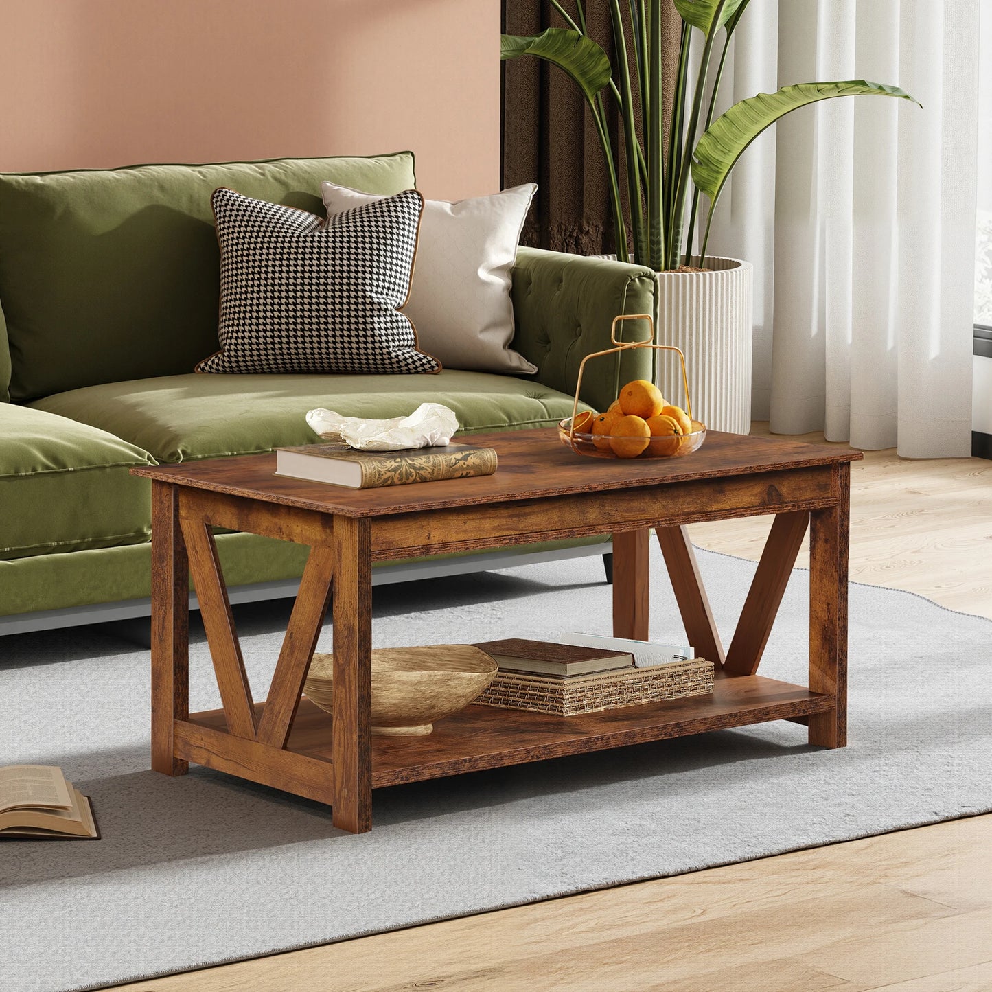 GALAXHERO Farmhouse Coffee Table With Storage Shelves And V Shape
