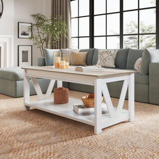 GALAXHERO Farmhouse Coffee Table With Storage Shelves And V Shape