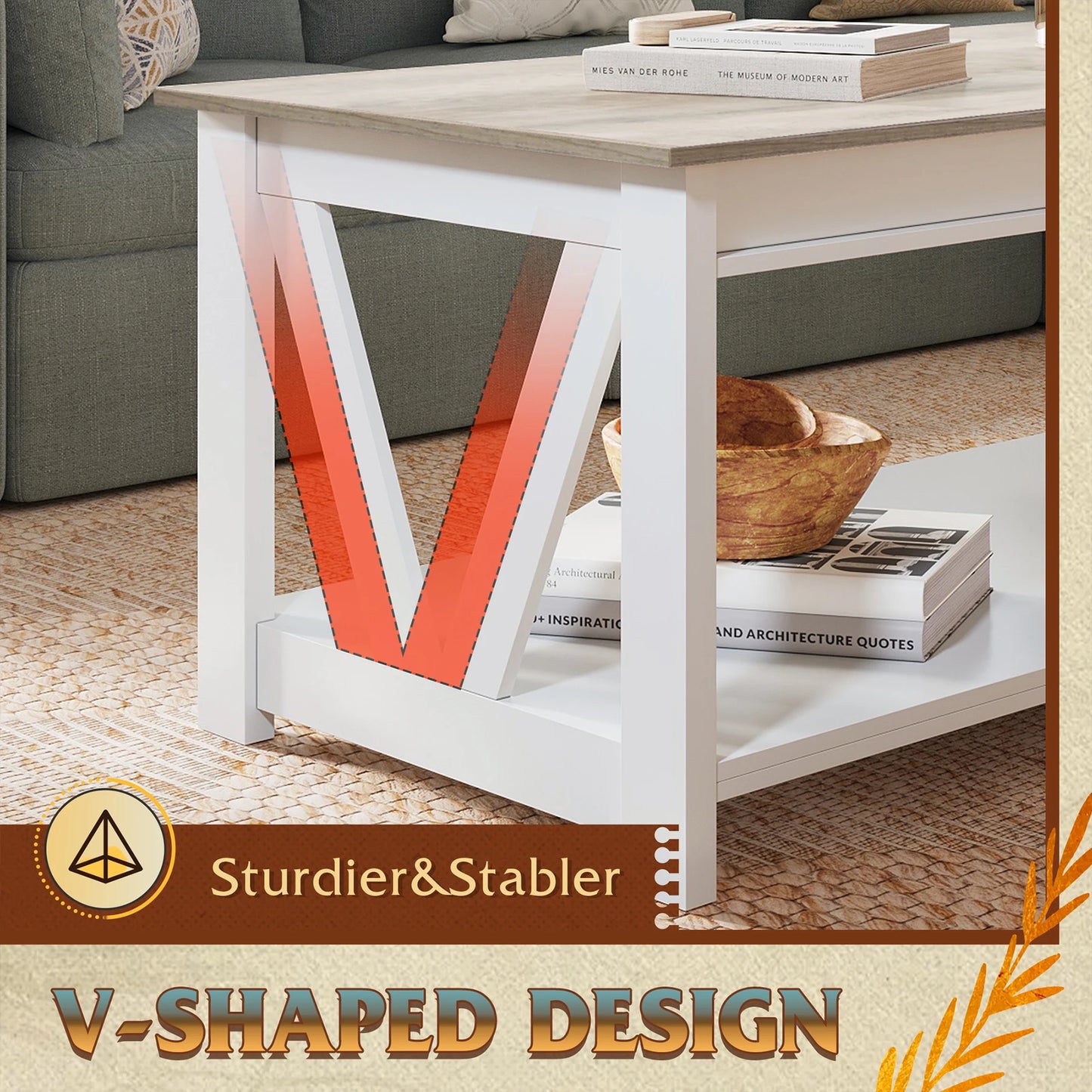 GALAXHERO Farmhouse Coffee Table With Storage Shelves And V Shape