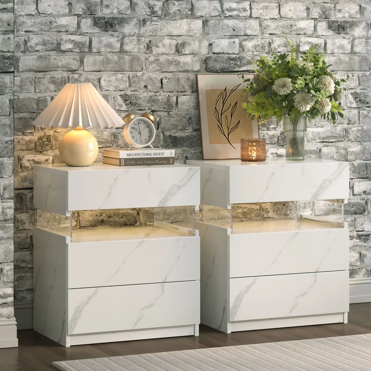 Cubehom LED Bedside Tables Set With 3 Drawers Two Nightstands