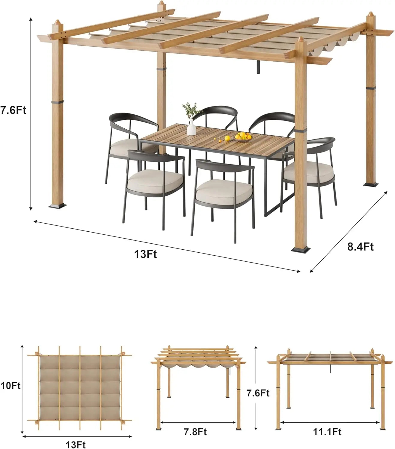 10X10FT 10X13FT Outdoor Pergola With Retractable Canopy,  Faux Wood Grain Metal Patio Gazebo, Modern Yard Pergola Shelter