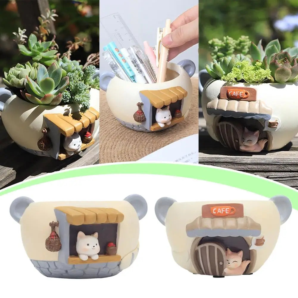 Cute Kitty Fox Resin Succulent Plant Pot For Desk Decor
