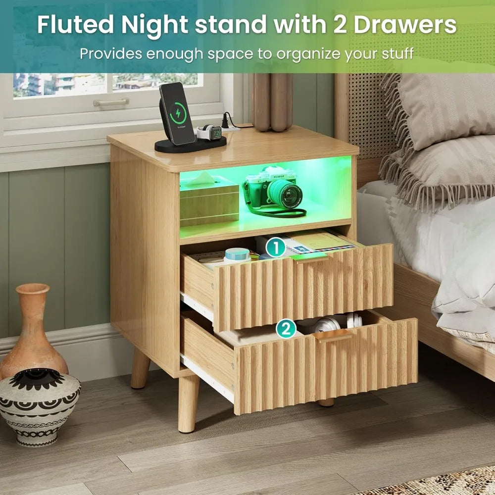 Chengwei Fluted Nightstand Set Of 2 With Charging Station