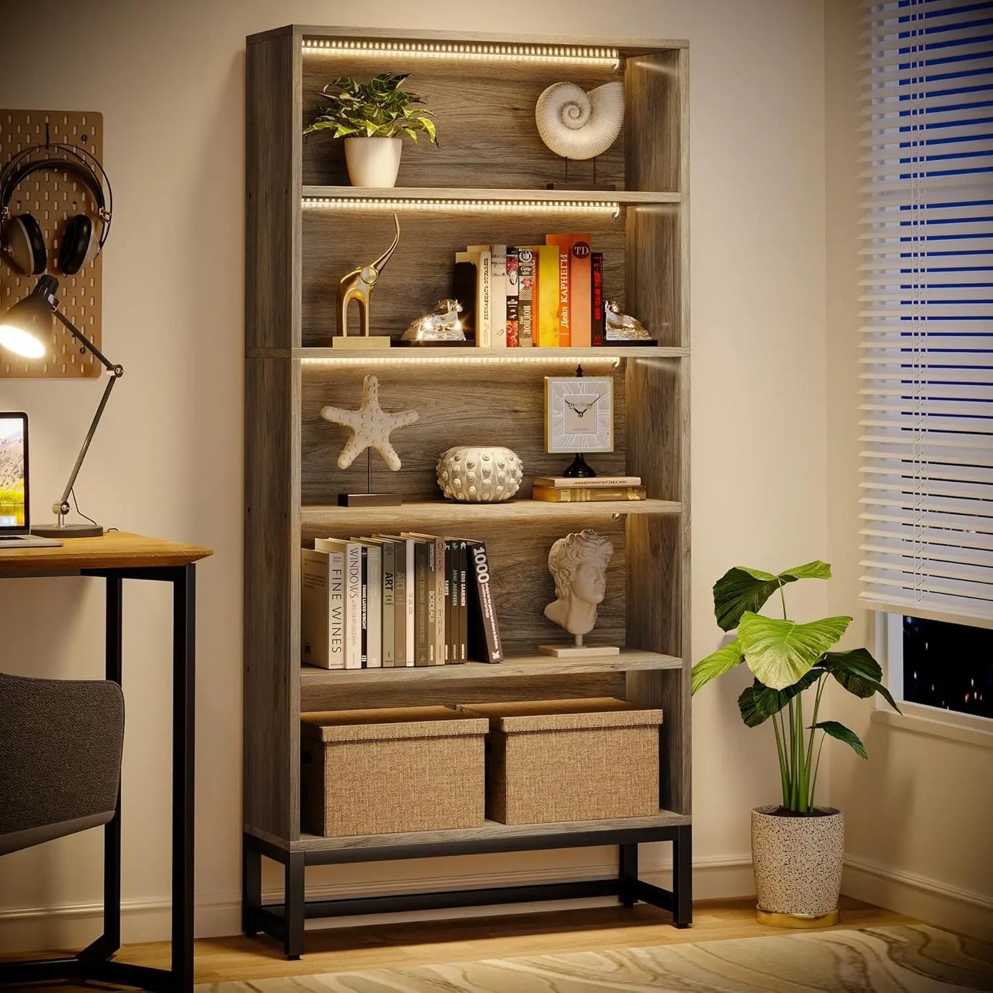 Modern Wood Bookshelf With Built In LED Lights Free Standing