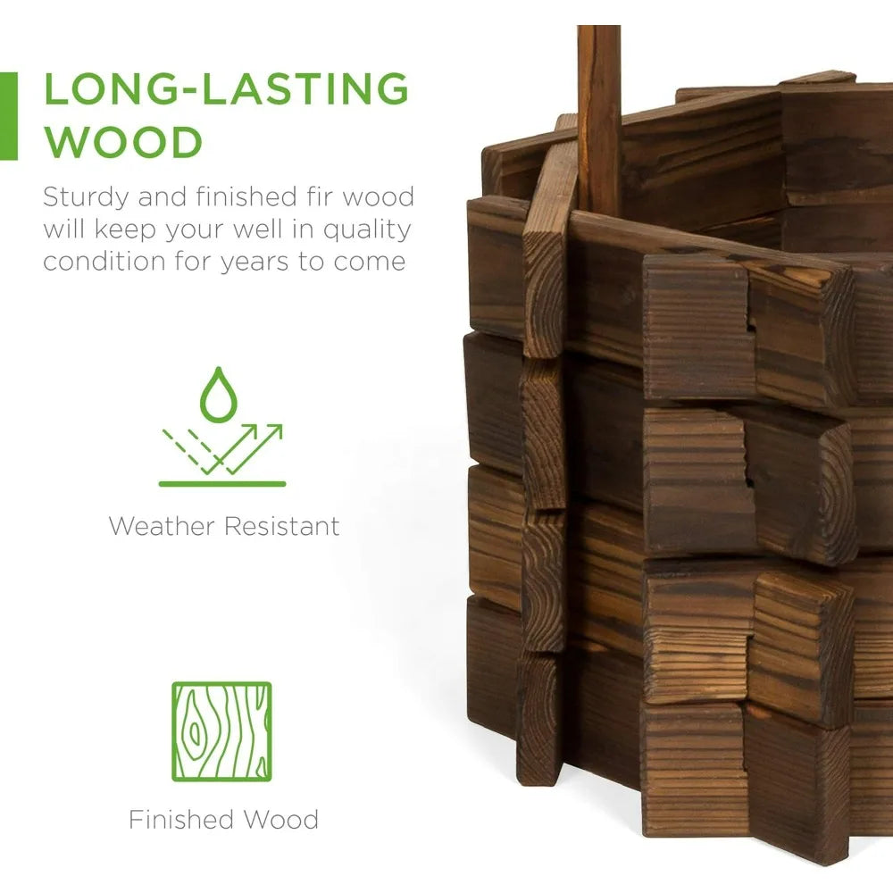 Rustic Wooden Wishing Well Planter Outdoor Home Décor for Patio, Garden, Yard w/Hanging Bucket