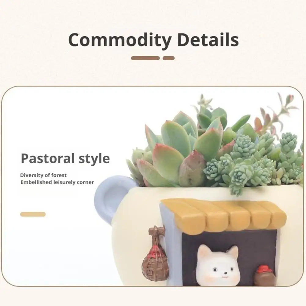 Cute Kitty Fox Resin Succulent Plant Pot For Desk Decor