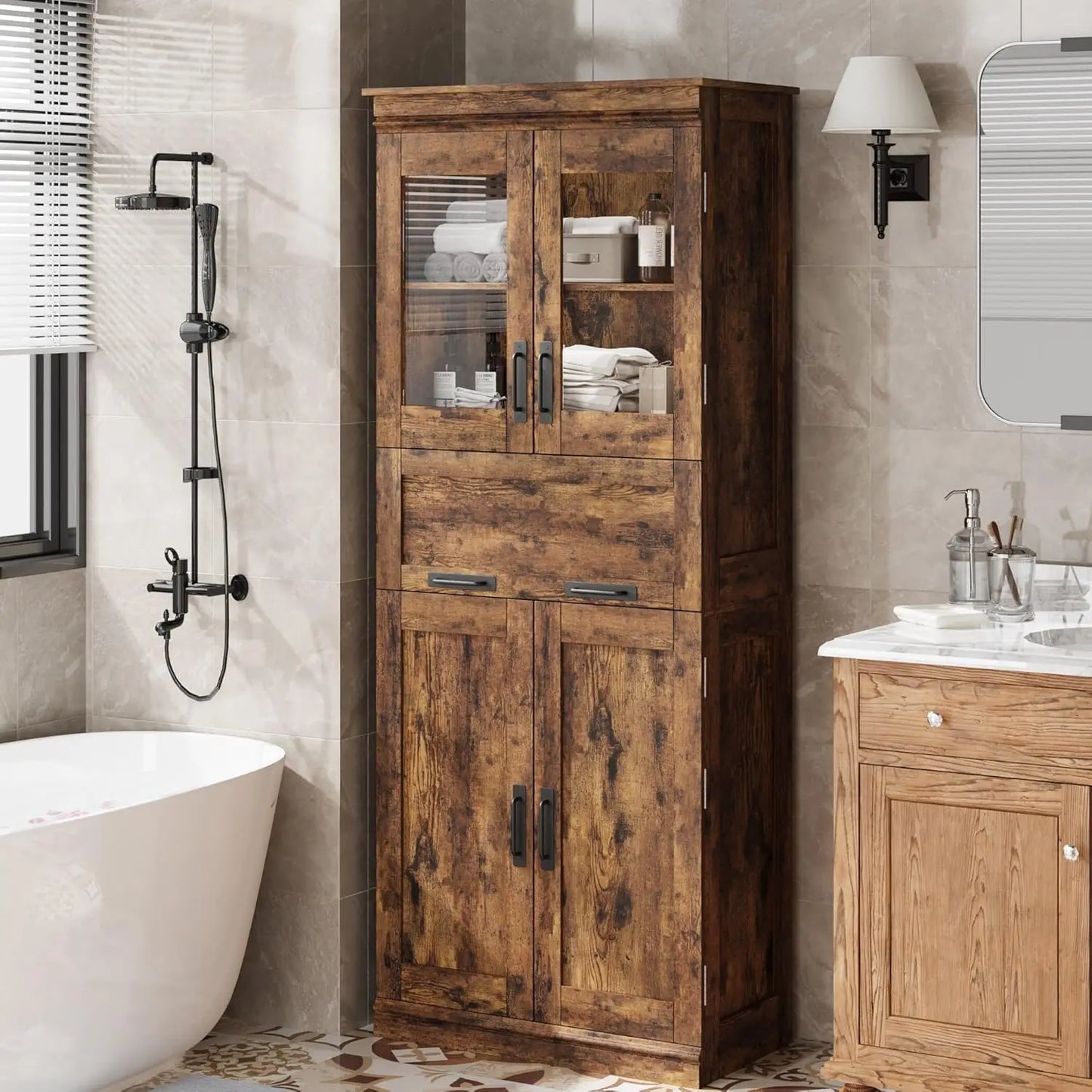 Freestanding Bathroom Cabinet With Glass Doors And Drawers