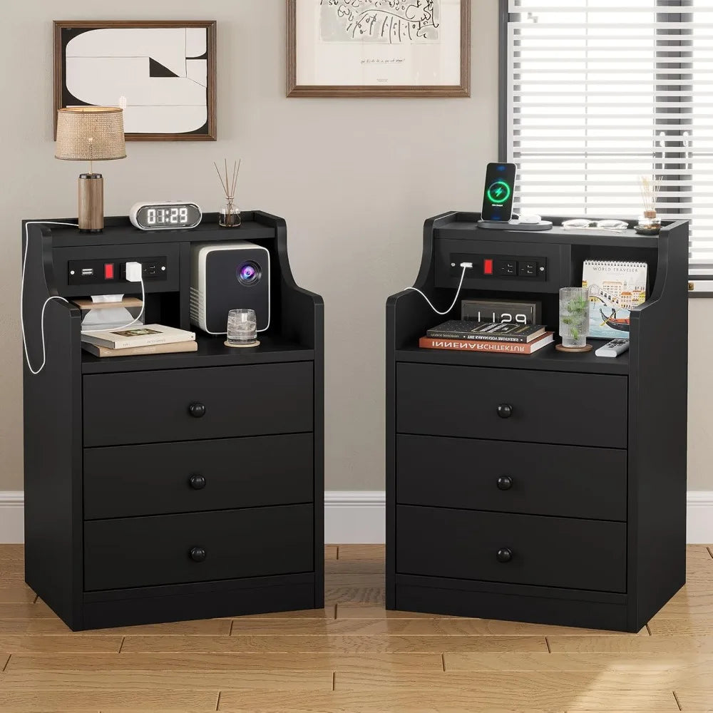Bedside Table Set Of 2 With Charging Station And Storage