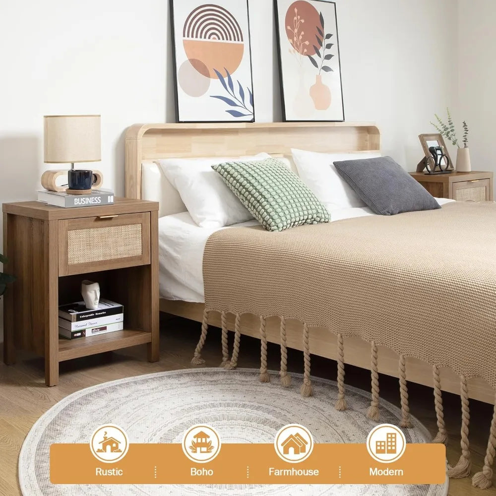 Chengwei Rattan Nightstands Set of 2 Farmhouse Boho Bedside Tables