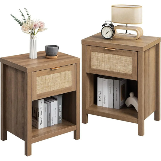 Chengwei Rattan Nightstands Set of 2 Farmhouse Boho Bedside Tables