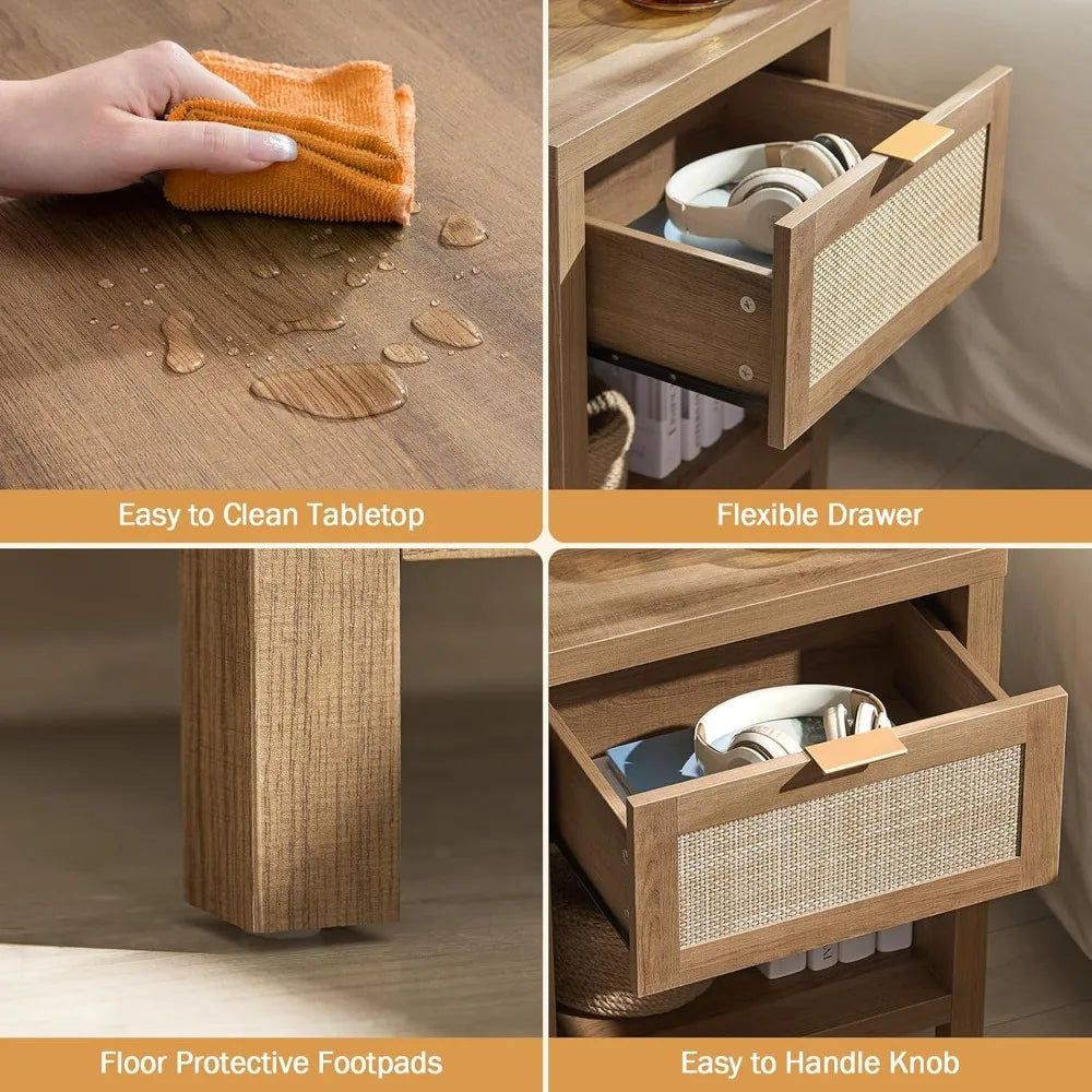 Chengwei Rattan Nightstands Set of 2 Farmhouse Boho Bedside Tables