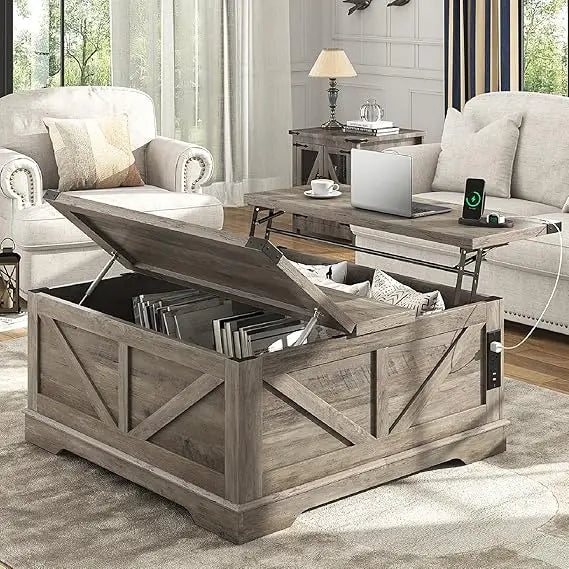 Farmhouse Lift Top Coffee Table With Power Outlets And Storage