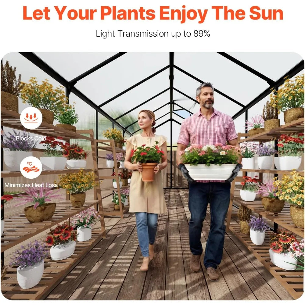 polycarbonate greenhouse, 8 x 14 ft, outdoor greenhouse with 2 vent windows, pavilion styled greenhouse with hinged door, alumi