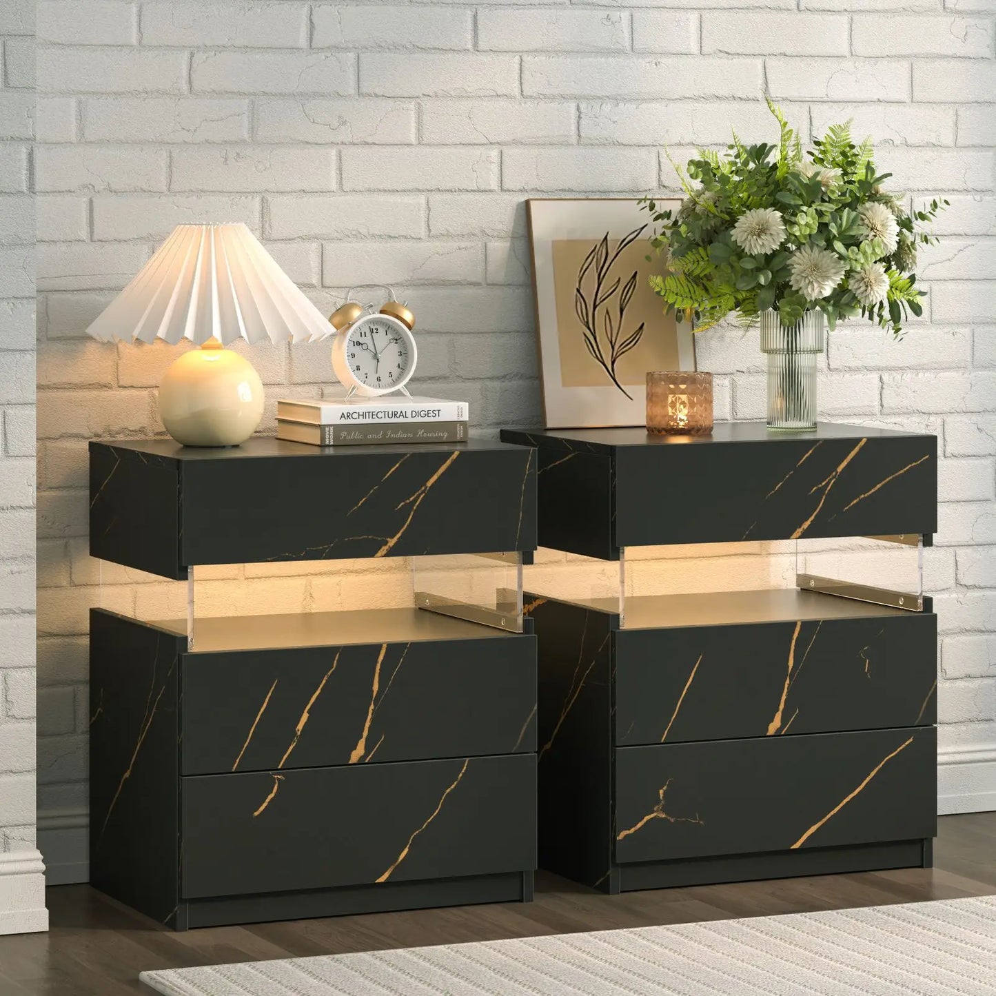 Cubehom LED Bedside Tables Set With 3 Drawers Two Nightstands