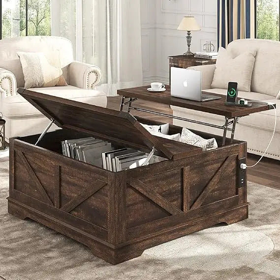 Farmhouse Lift Top Coffee Table With Power Outlets And Storage