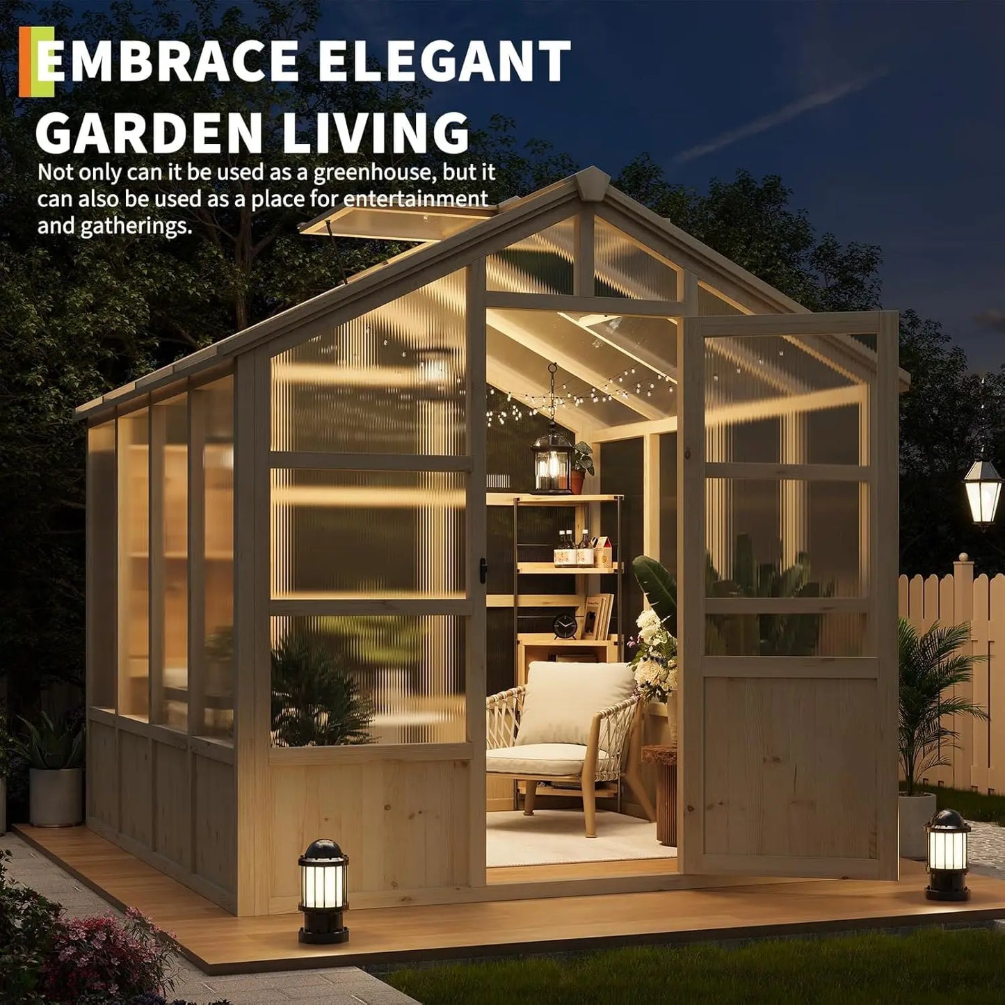 Outdoor Greenhouse,Heavy Duty Wooden Greenhouse with Polycarbonate Panels & Lockable Door - Sturdy Wood Frame Garden Green House
