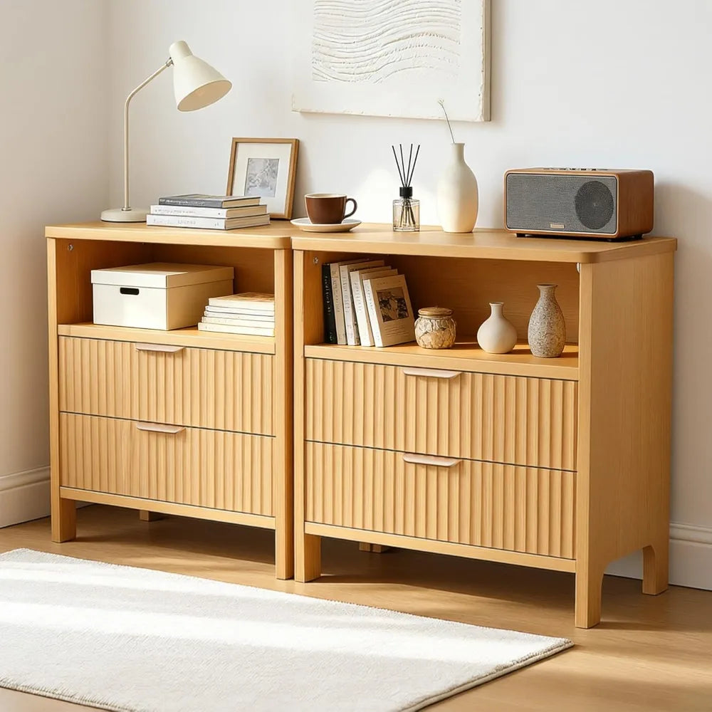 Chengwei Fluted Nightstand Set With Charging Station And 2 Drawers