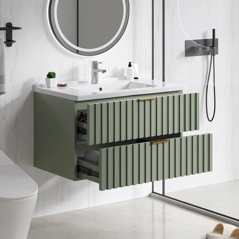 Floating Bathroom Vanity With Sink And Dual Fluted Drawers