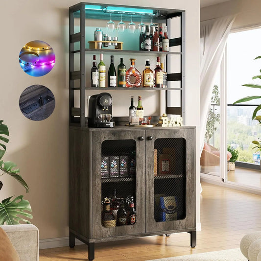 Bar Cabinet With Power Outlets USB Ports And LED Lighting