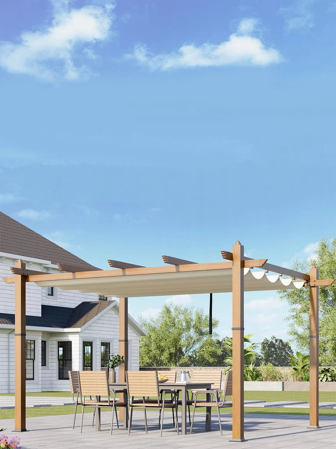 10X10FT 10X13FT Outdoor Pergola With Retractable Canopy,  Faux Wood Grain Metal Patio Gazebo, Modern Yard Pergola Shelter