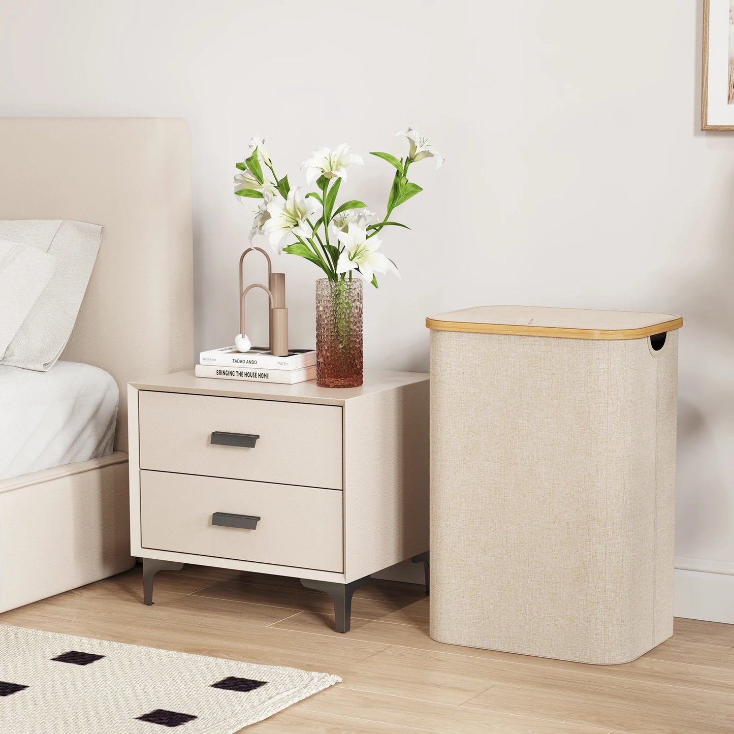 Laundry Basket with Lid, Clothes Hampers for Laundry with Bamboo Handles and A Removable Laundry Bag