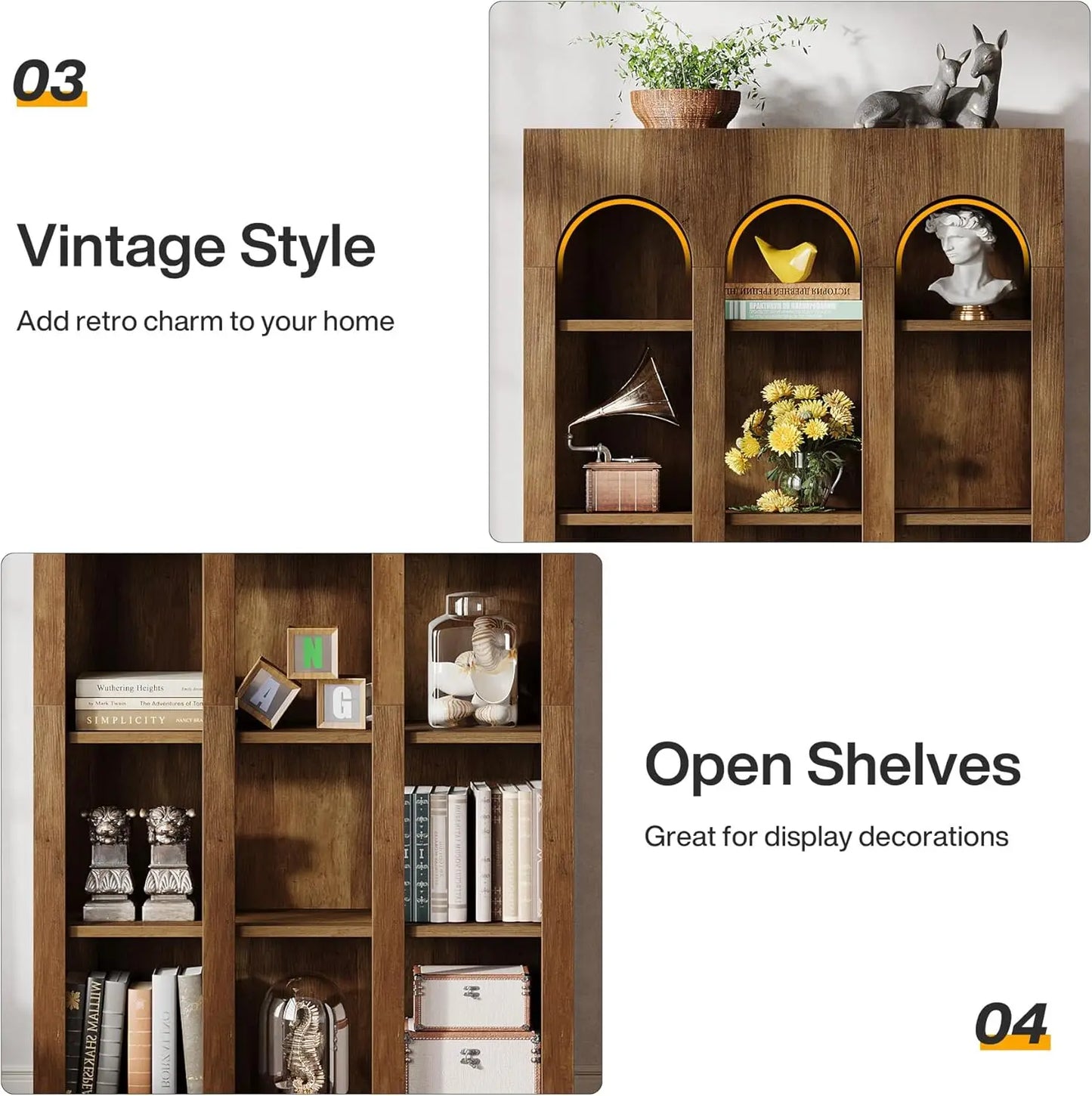 5-Tier Farmhouse Arched Bookshelf With Open Shelves