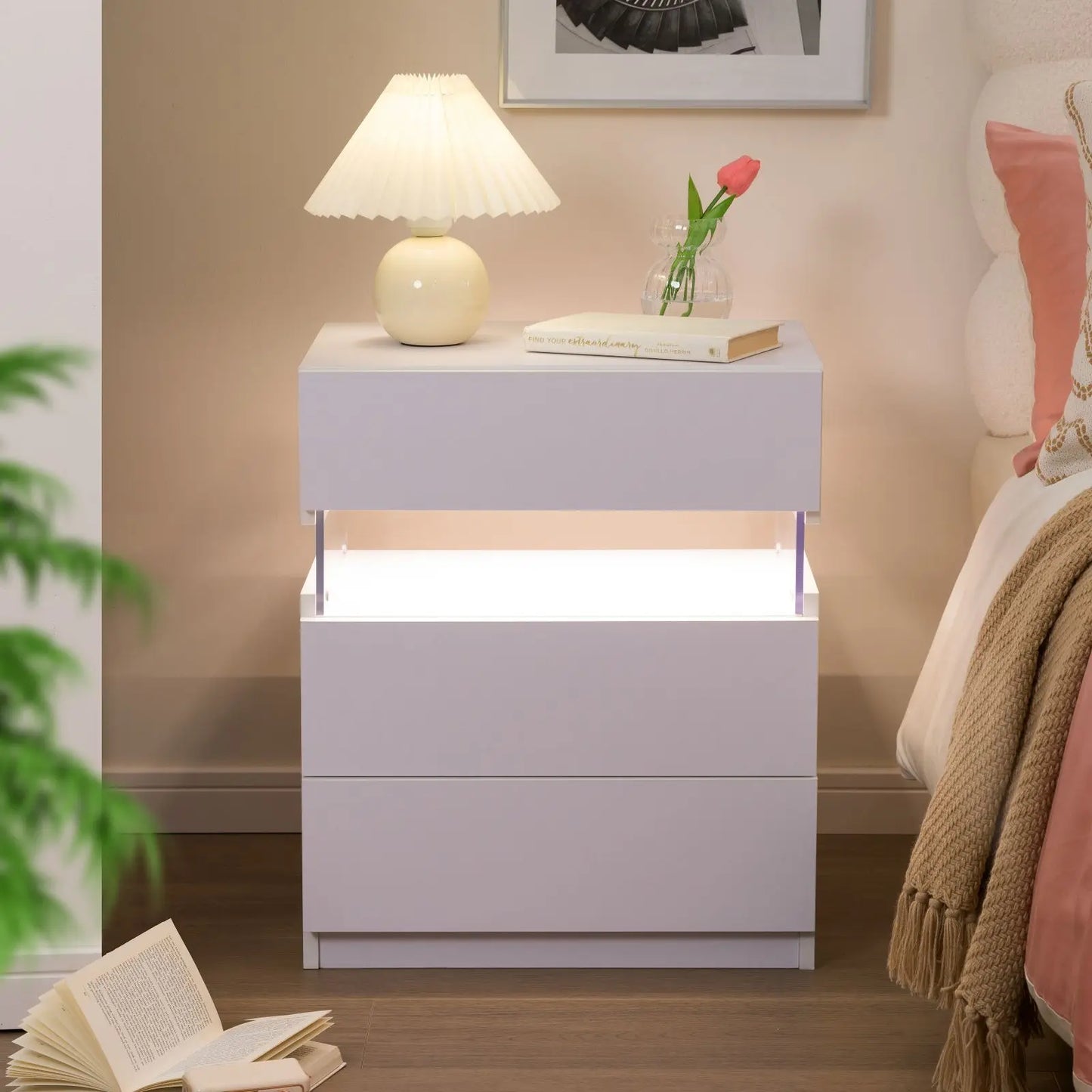 Cubehom LED Bedside Tables Set With 3 Drawers Two Nightstands